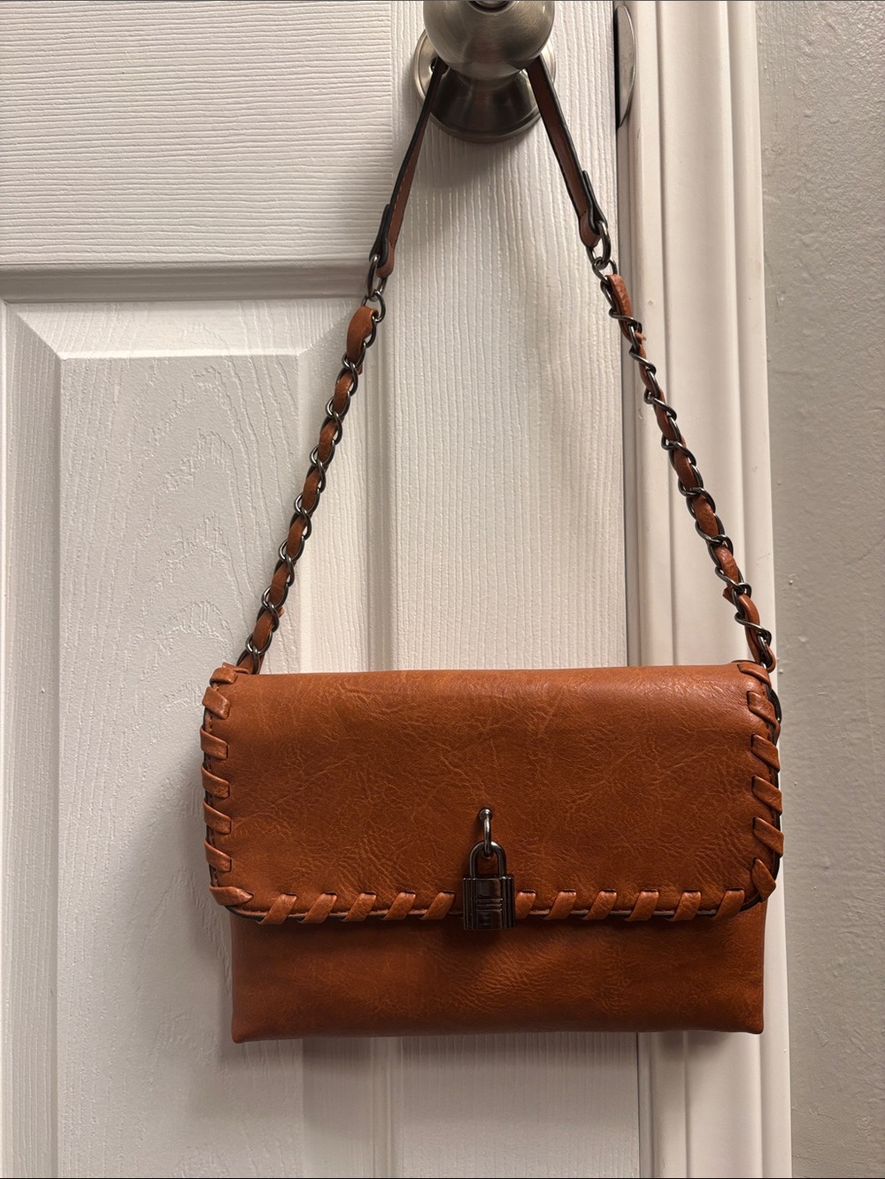 SAM & HADLEY
 Woven-Trim Leather Shoulder Bag with Lock Accent